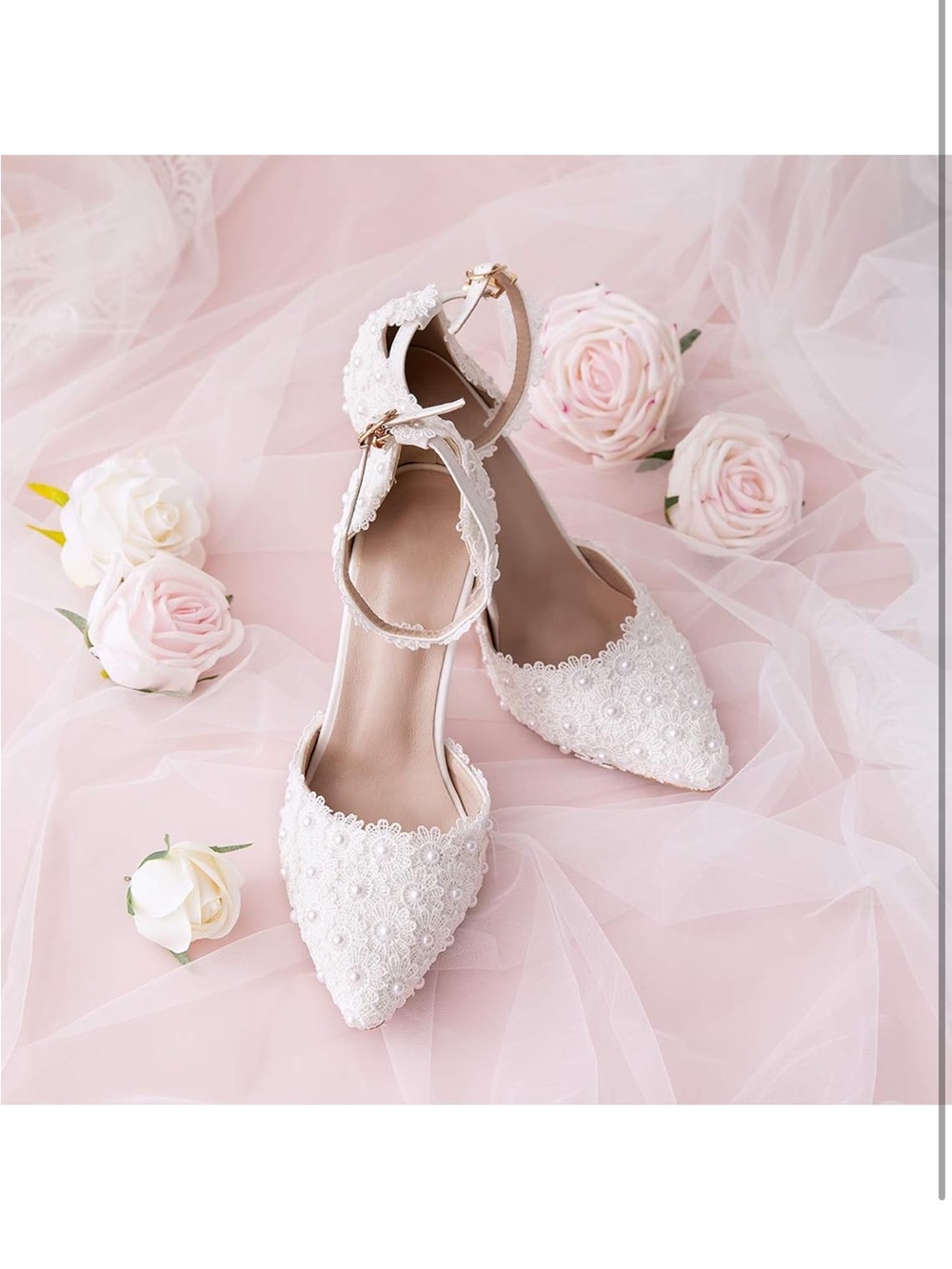 Elegant Women's Pearl & Lace Pointed Ankle-Strap Heels in Blush
